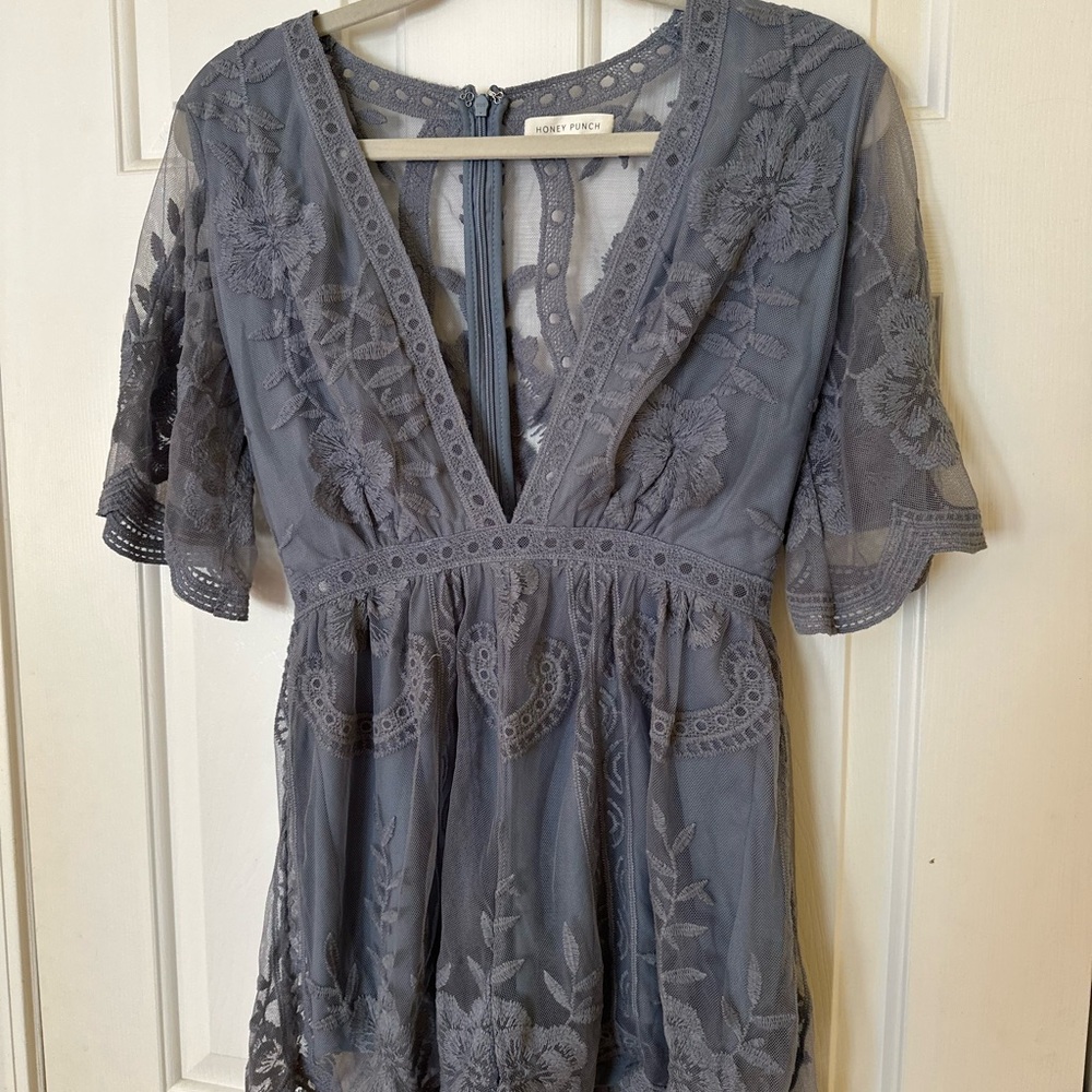 Honey Punch Gray Lace Romper